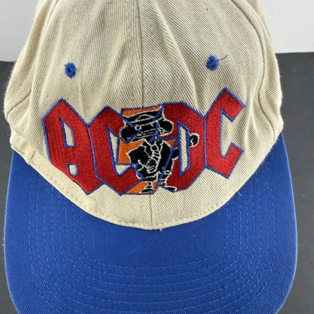 VINTAGE AC/DC Hat Cap Snap Back Blue White Embroidered Graphic Band Mens 90s